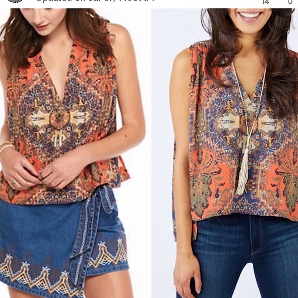 FREE PEOPLE Darcey Printed Chiffon‎ Lined V-Neck Blouse Sleeve Less | Size XS